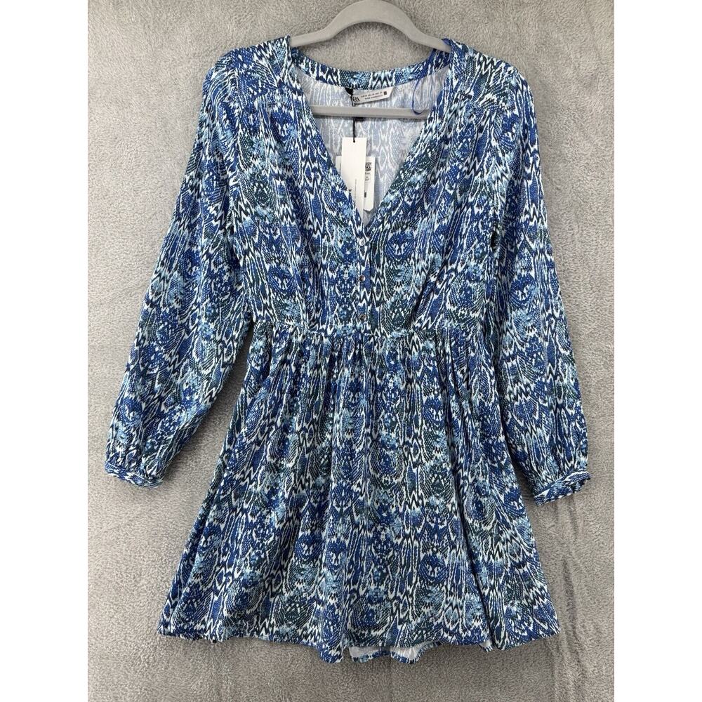 Zara Dress XS Blue Reptile Print Mini A-Line V-Neck Long Ballon Sleeves NWT